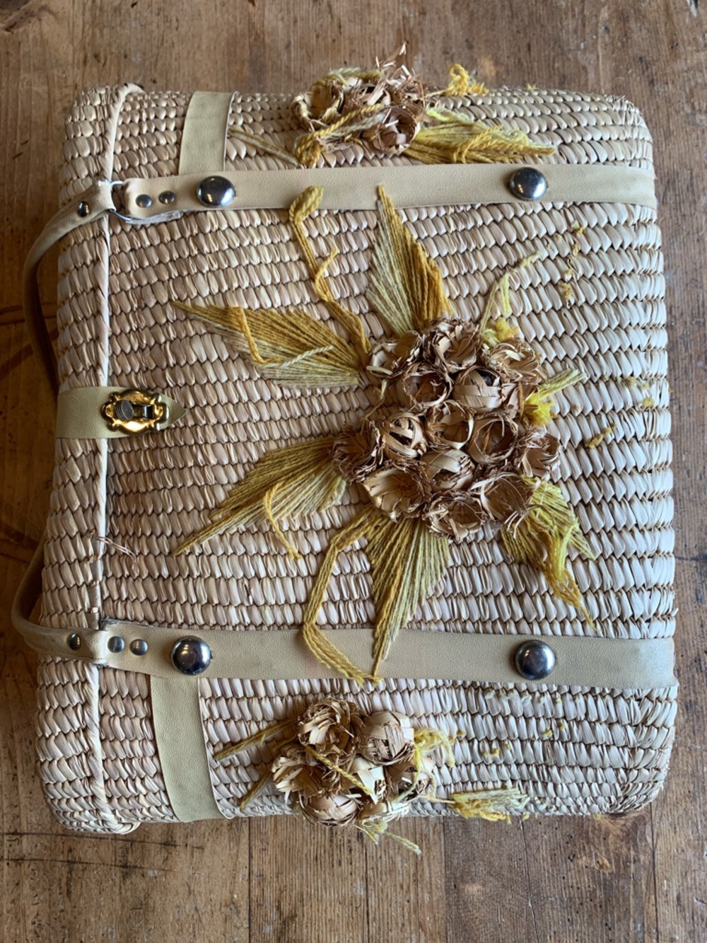 Vintage Woven Straw Tote with Yellow Floral Embroidery - Picture 15 of 16